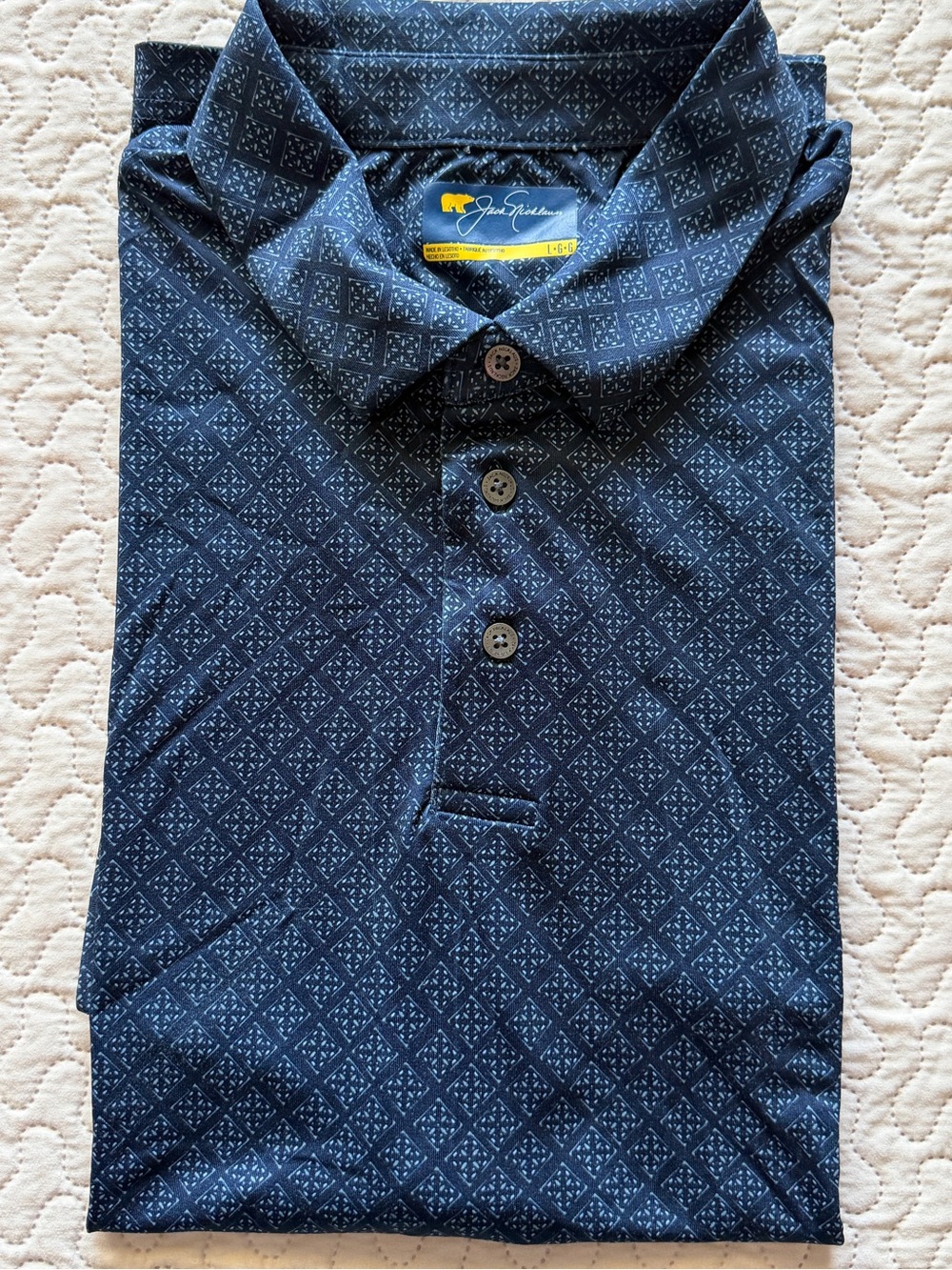 Jack Nicklaus Men’s Large Golf Polo Shirt Navy Blue Geometric Print Golden Bear